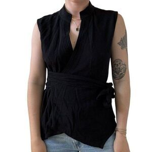 Johnny Was Aya Womens Black Rayon Wrap Hippie Sleeveless Blouse Sz S